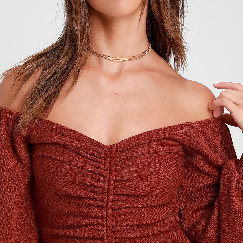 LULUS Rust Ruched Off-the-Shoulder Bodycon Dress - Picture 4 of 4